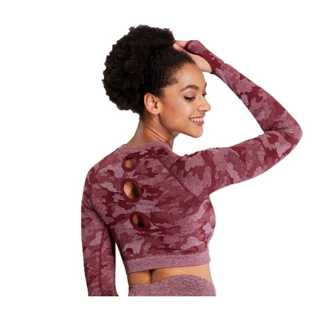 Evolve Camo‎ Crop Top Womens XL Berry Red NWT Long Sleeve Thumbholes Activewear
